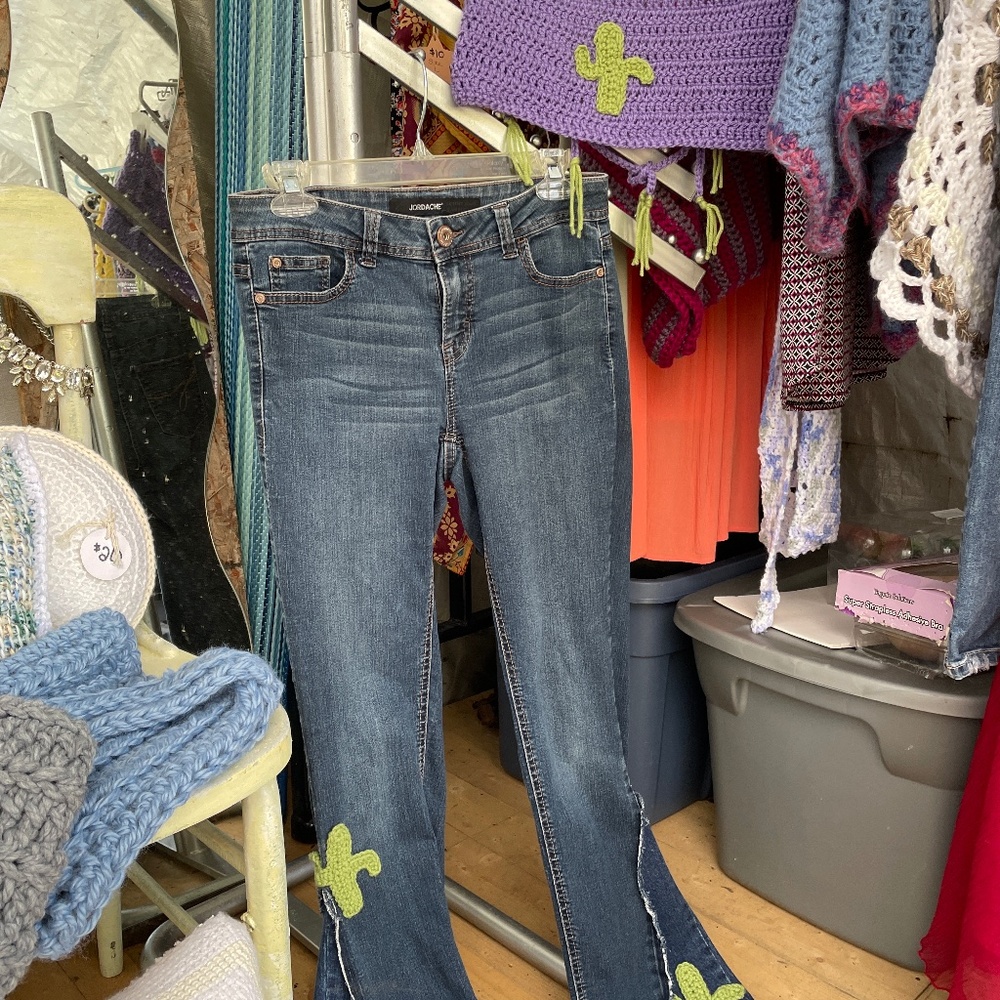 Upcycled bell bottom jeans & hand crocheted tube top. Cacti’s can be removed